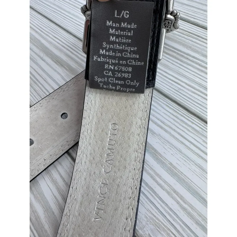 Vince Camuto belt large western ornate silver tone buckle vegan black leather